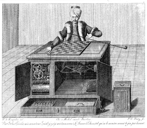 The Mechanical Turk with its cabinet doors open
